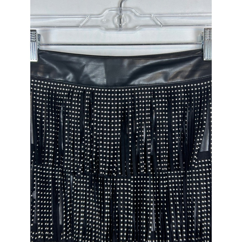 Faux Leather Studded Fringe Mini Skirt Black Western Rocker Festival Skirt - Picture 2 of 12